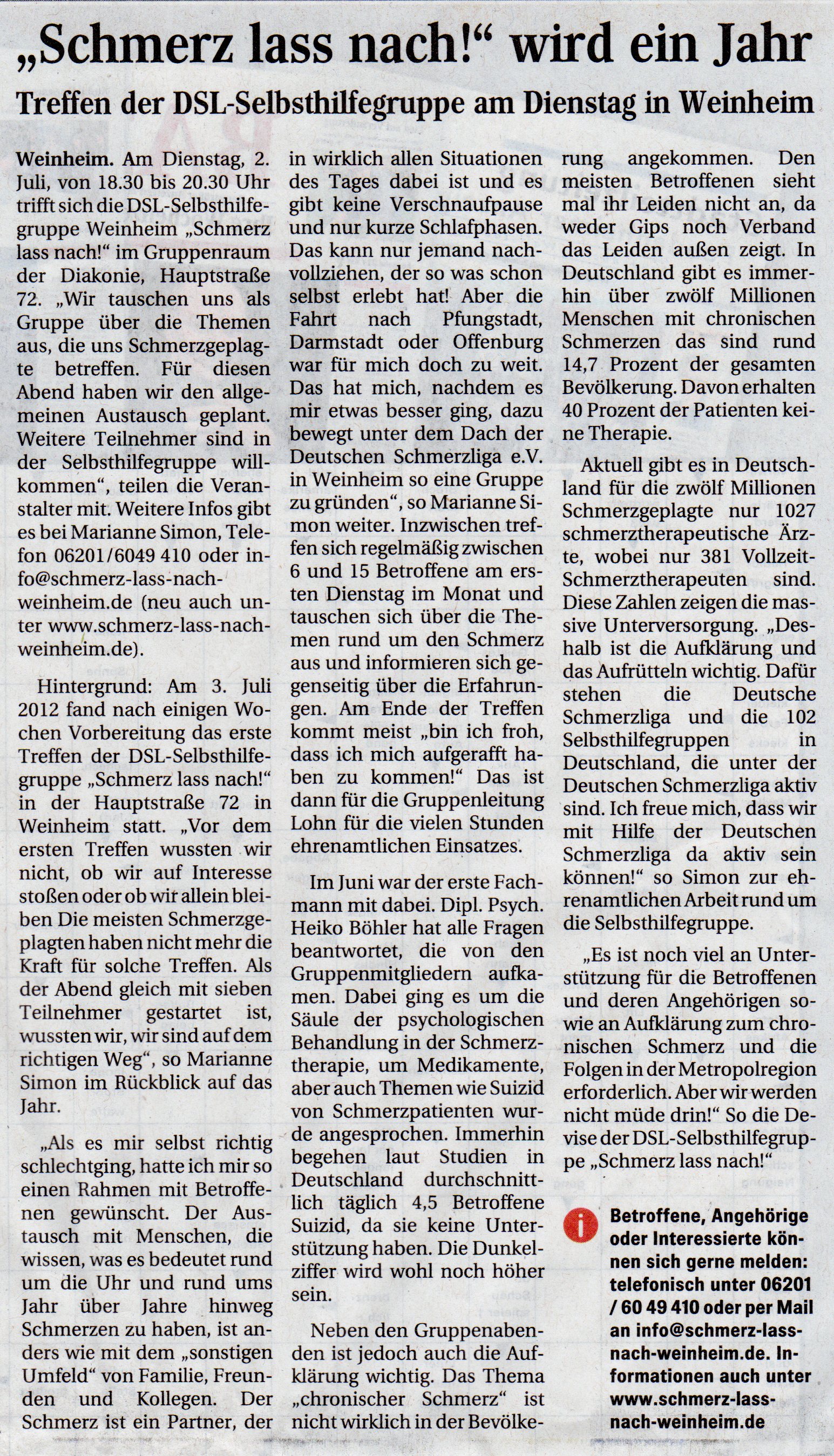 Pressemitteilungen Schmerzliga Weinheim Selbsthilfegruppe